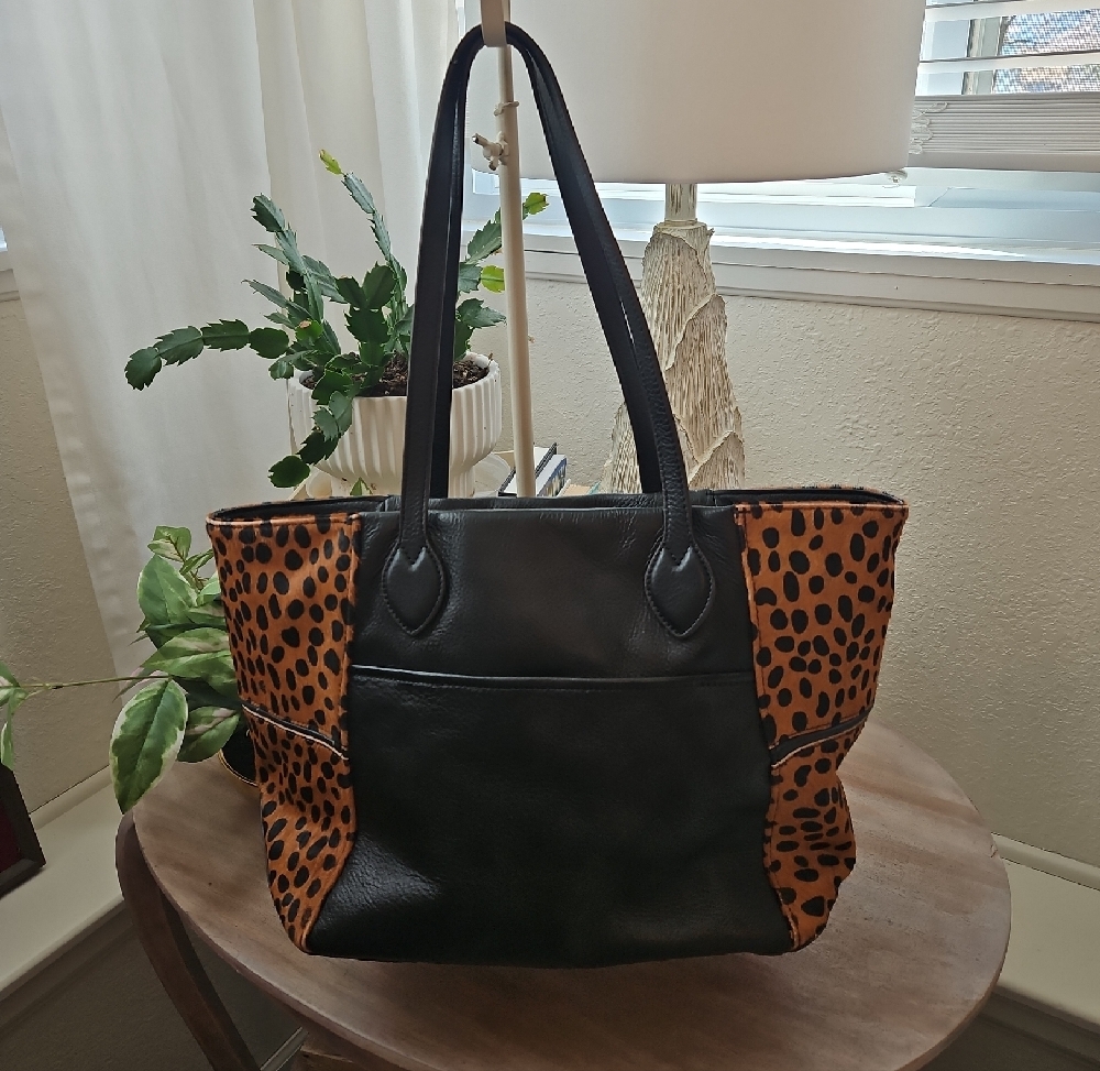 Aimee Kestenberg Black Leather Tote with Calf Hair Leopard Sides - Picture 2 of 8
